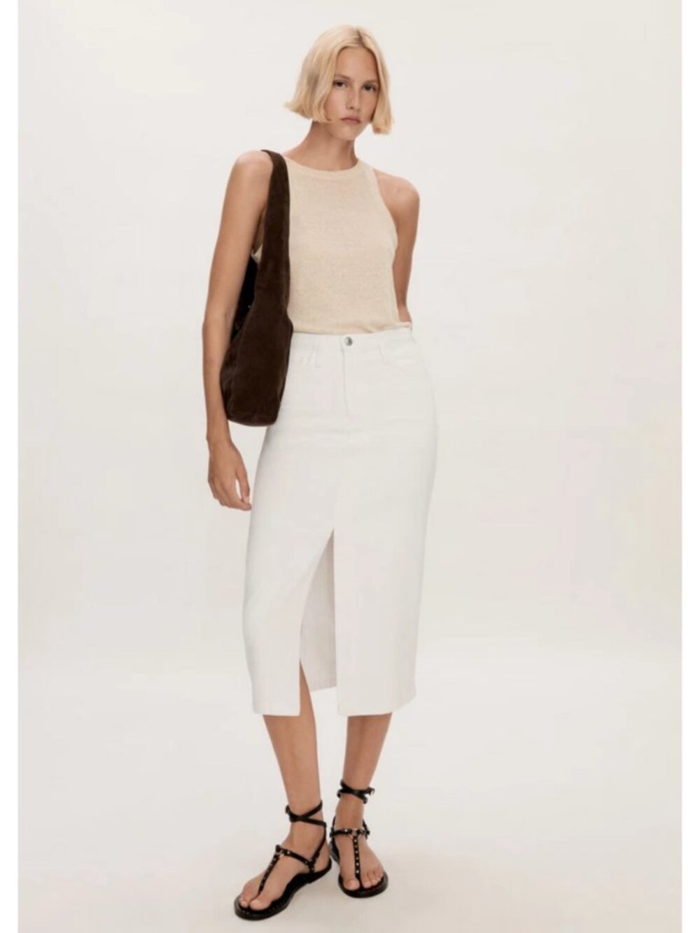 Mango Soleil Denim Pencil Midi Skirt in White